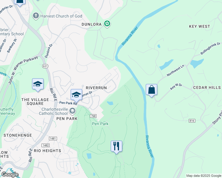 map of restaurants, bars, coffee shops, grocery stores, and more near 1340 Wimbledon Way in Charlottesville