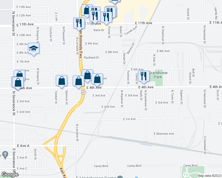 map of restaurants, bars, coffee shops, grocery stores, and more near 1609 East 4th Avenue in Hutchinson