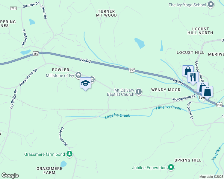 map of restaurants, bars, coffee shops, grocery stores, and more near 3136 Morgantown Road in Charlottesville
