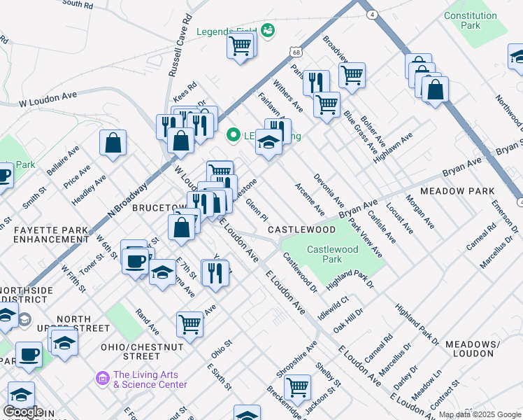 map of restaurants, bars, coffee shops, grocery stores, and more near 127 Burnett Avenue in Lexington