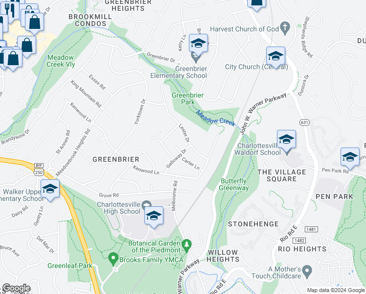 map of restaurants, bars, coffee shops, grocery stores, and more near 1719 Galloway Drive in Charlottesville