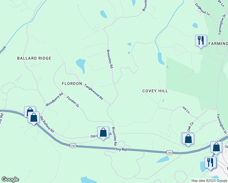 map of restaurants, bars, coffee shops, grocery stores, and more near 780 Broomley Road in Charlottesville