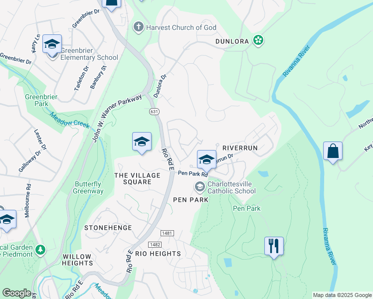 map of restaurants, bars, coffee shops, grocery stores, and more near 240 Pebble Beach court in Charlottesville