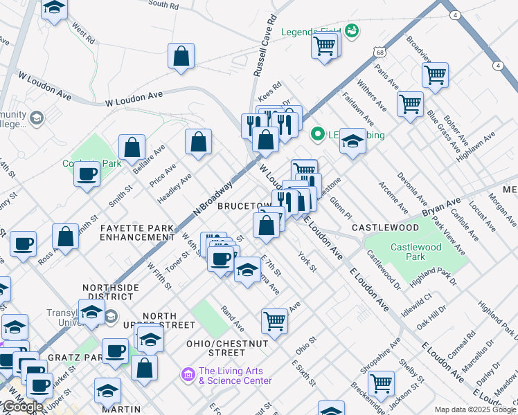 map of restaurants, bars, coffee shops, grocery stores, and more near 752 Florida Street in Lexington