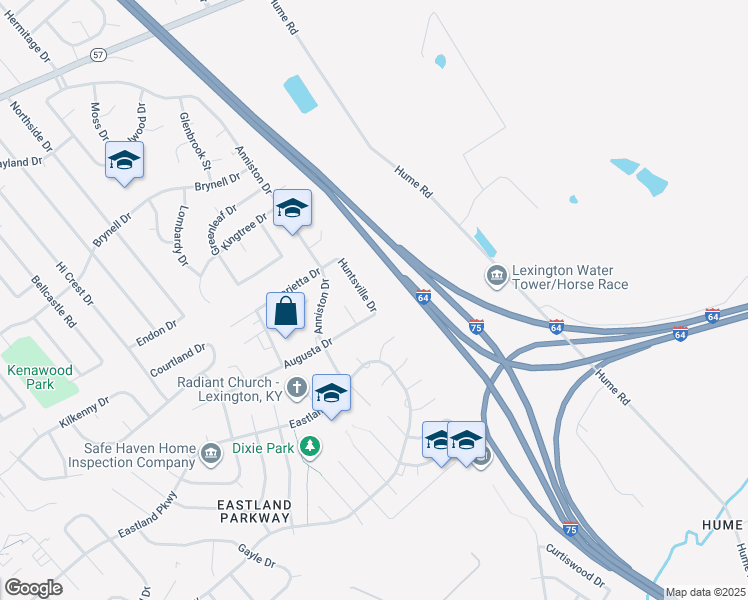 map of restaurants, bars, coffee shops, grocery stores, and more near 1454 Huntsville Drive in Lexington