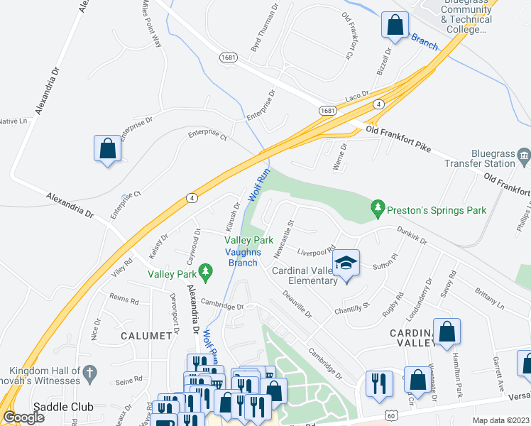 map of restaurants, bars, coffee shops, grocery stores, and more near 225 Creekside Court in Lexington