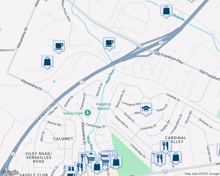 map of restaurants, bars, coffee shops, grocery stores, and more near 225 Creekside Court in Lexington