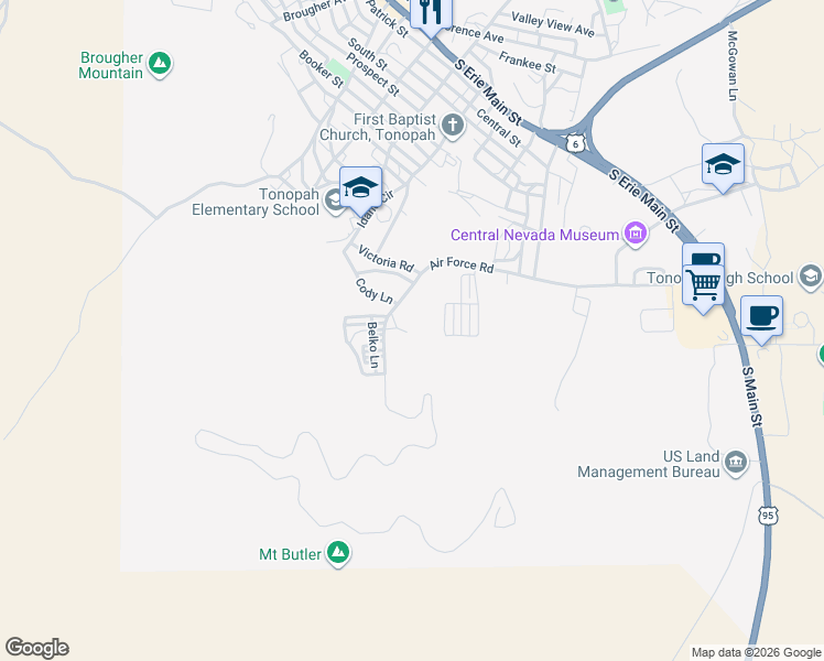 map of restaurants, bars, coffee shops, grocery stores, and more near 290 Airport Road in Tonopah
