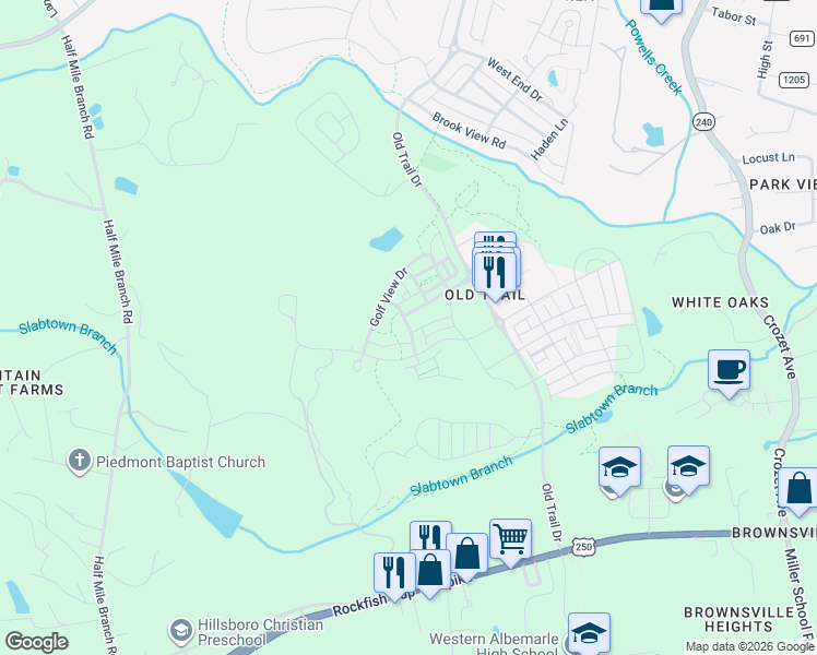 map of restaurants, bars, coffee shops, grocery stores, and more near Addle Hill Road in Crozet