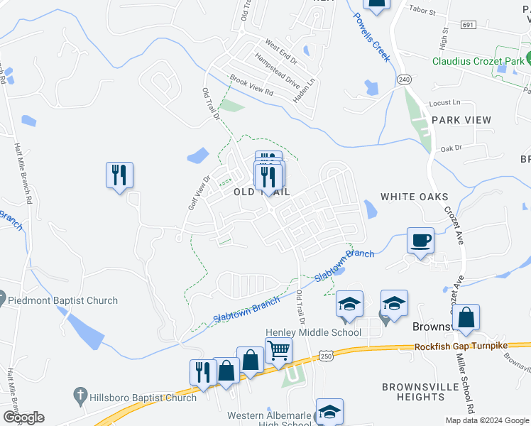 map of restaurants, bars, coffee shops, grocery stores, and more near 5367 Golf Drive in Crozet