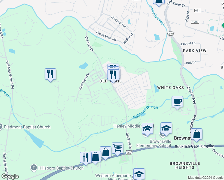 map of restaurants, bars, coffee shops, grocery stores, and more near 5361 Golf Drive in Crozet
