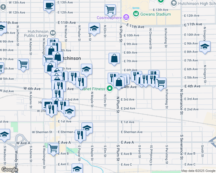 map of restaurants, bars, coffee shops, grocery stores, and more near 404 East 4th Avenue in Hutchinson