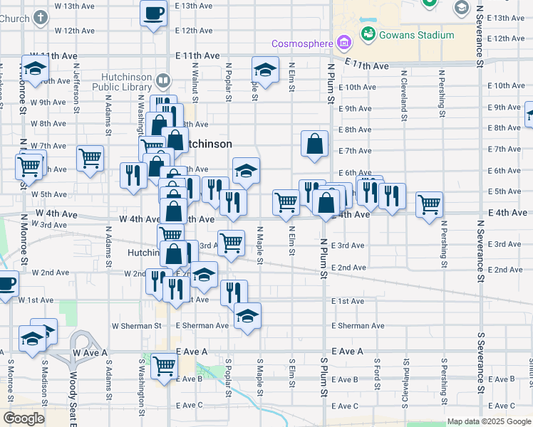map of restaurants, bars, coffee shops, grocery stores, and more near 302 North Maple Street in Hutchinson