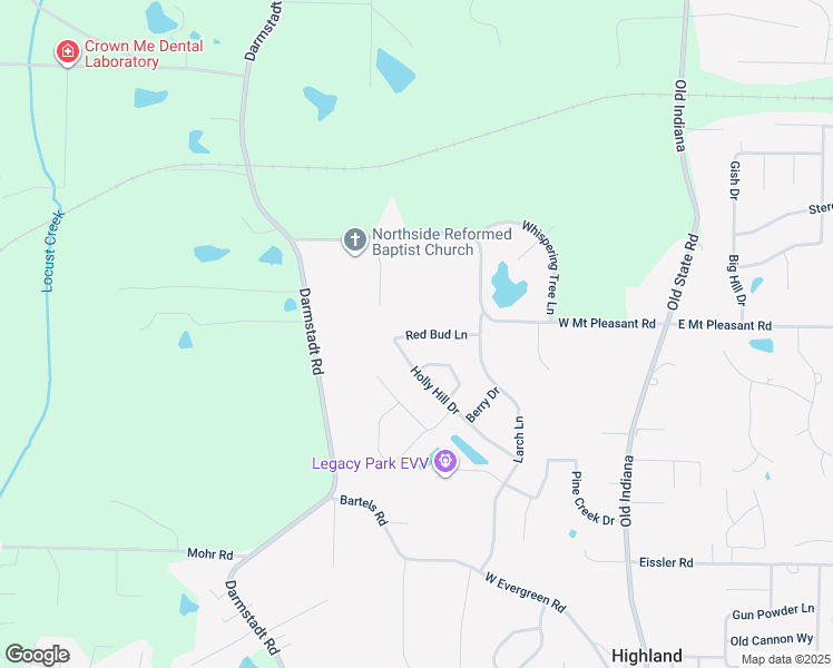 map of restaurants, bars, coffee shops, grocery stores, and more near 601 Red Bud Lane in Evansville