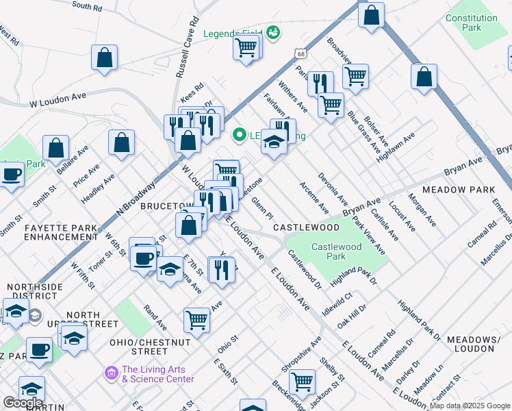 map of restaurants, bars, coffee shops, grocery stores, and more near 124 Glenn Place in Lexington