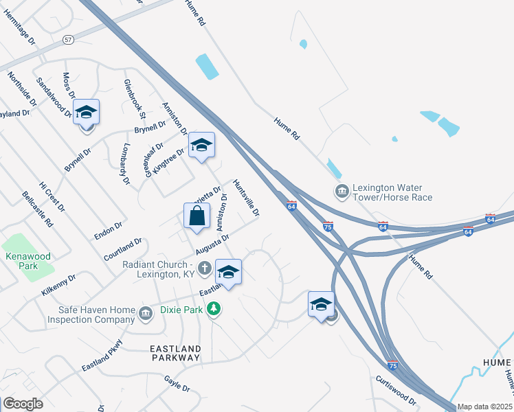 map of restaurants, bars, coffee shops, grocery stores, and more near 1465 Huntsville Drive in Lexington