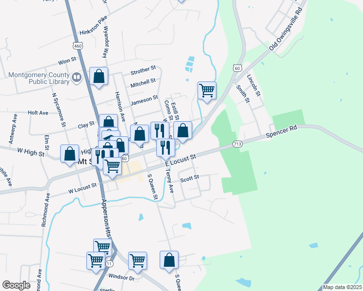 map of restaurants, bars, coffee shops, grocery stores, and more near 307 East Main Street in Mount Sterling