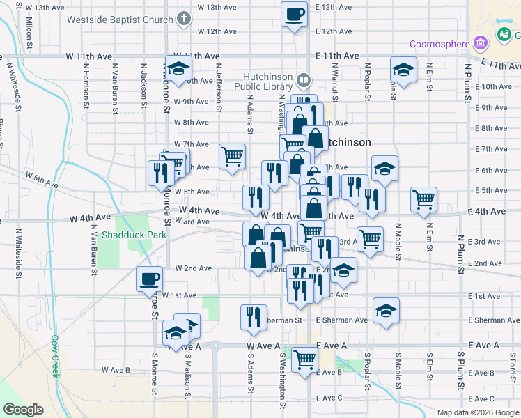 map of restaurants, bars, coffee shops, grocery stores, and more near 430 North Adams Street in Hutchinson