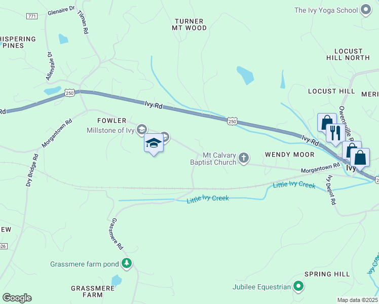 map of restaurants, bars, coffee shops, grocery stores, and more near 3136-3240 Morgantown Road in Charlottesville