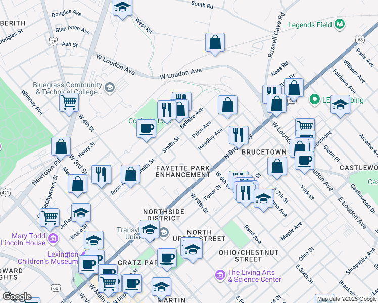 map of restaurants, bars, coffee shops, grocery stores, and more near 441 West 6th Street in Lexington