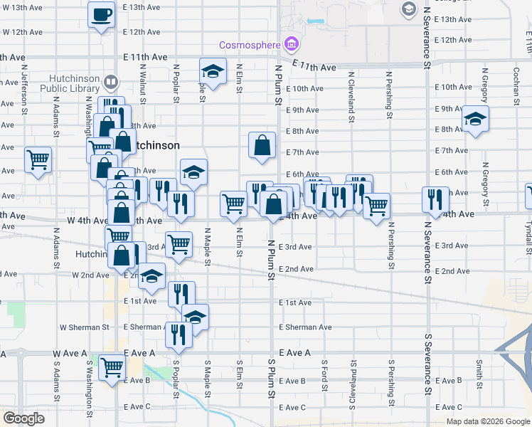 map of restaurants, bars, coffee shops, grocery stores, and more near 423 East 5th Avenue in Hutchinson