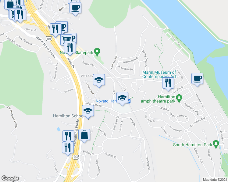 map of restaurants, bars, coffee shops, grocery stores, and more near 901 C Street in Novato