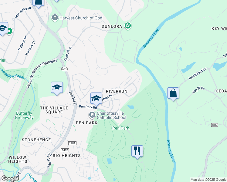 map of restaurants, bars, coffee shops, grocery stores, and more near 1265 Clifden Greene in Charlottesville
