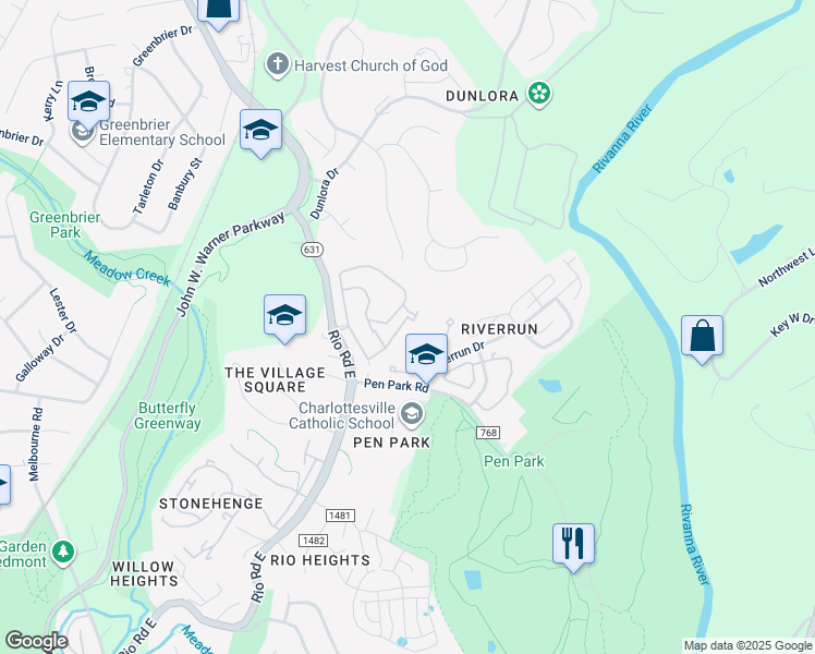 map of restaurants, bars, coffee shops, grocery stores, and more near 2058 BethPage Court in Charlottesville