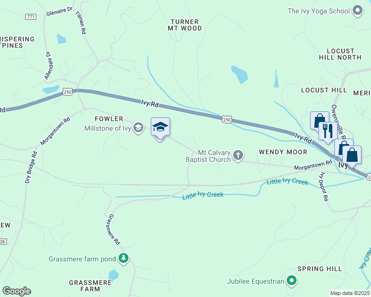 map of restaurants, bars, coffee shops, grocery stores, and more near 3165 Morgantown Road in Charlottesville
