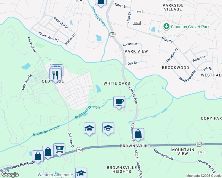 map of restaurants, bars, coffee shops, grocery stores, and more near 840 Caitlin Drive in Crozet