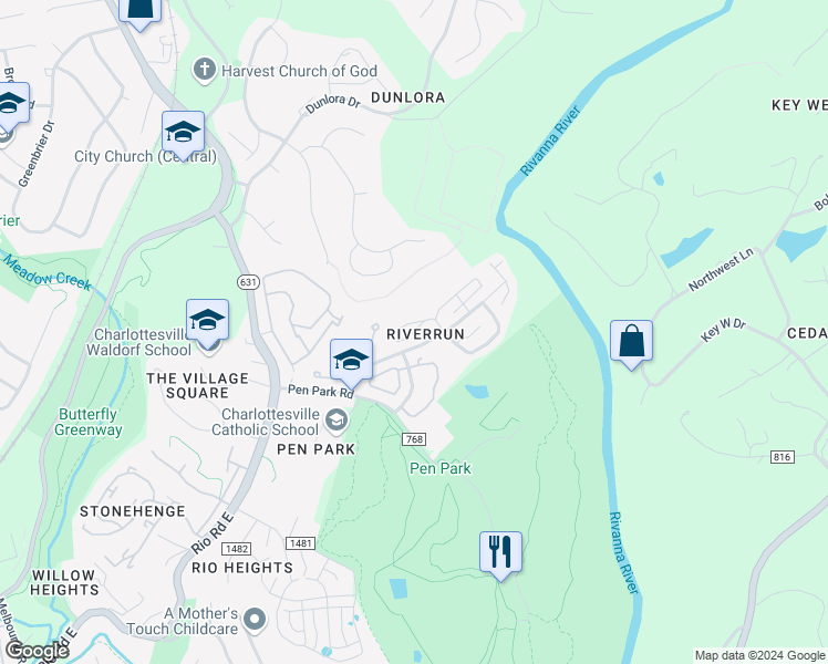 map of restaurants, bars, coffee shops, grocery stores, and more near 1274 Clifden Greene in Charlottesville