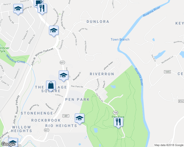 map of restaurants, bars, coffee shops, grocery stores, and more near 1284 Chatham Ridge in Charlottesville