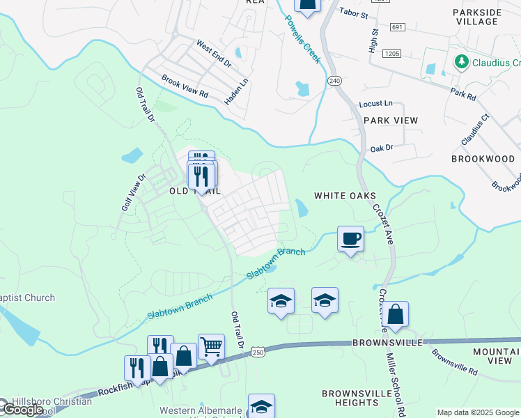 map of restaurants, bars, coffee shops, grocery stores, and more near 693 Fielding Run Drive in Crozet