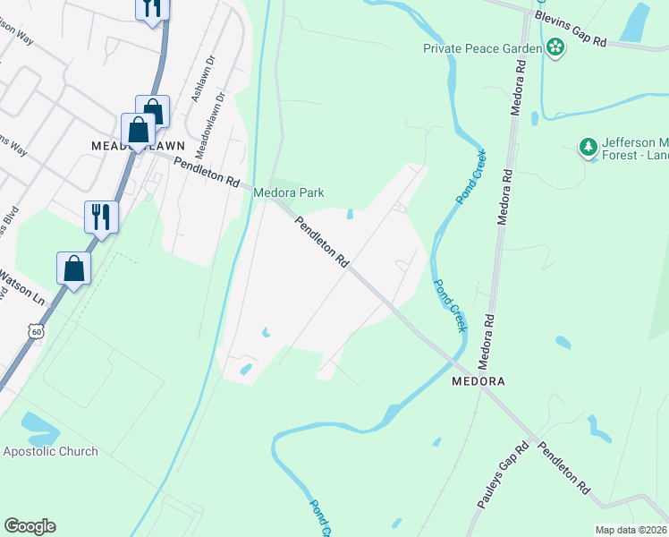 map of restaurants, bars, coffee shops, grocery stores, and more near 6003 Pendleton Road in Louisville
