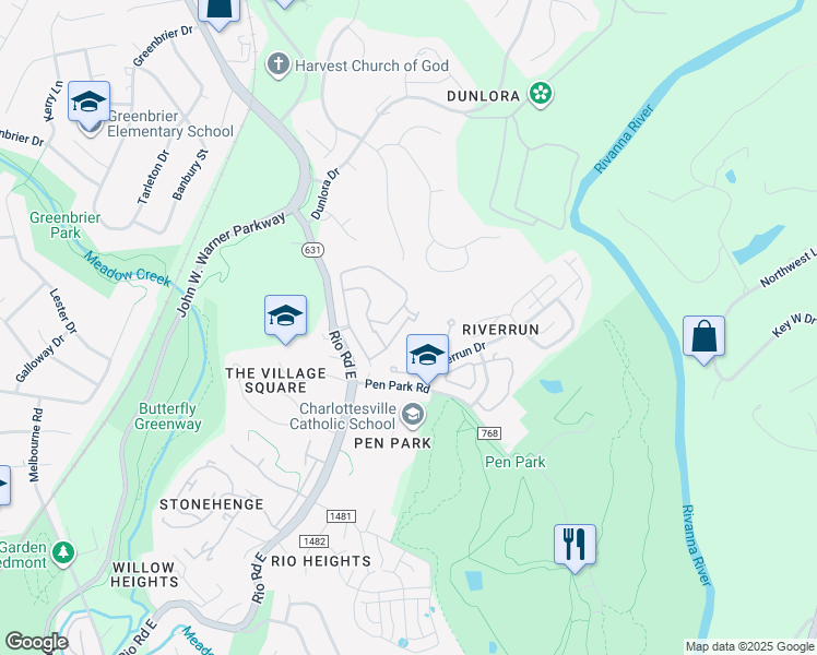 map of restaurants, bars, coffee shops, grocery stores, and more near 2058 BethPage Court in Charlottesville