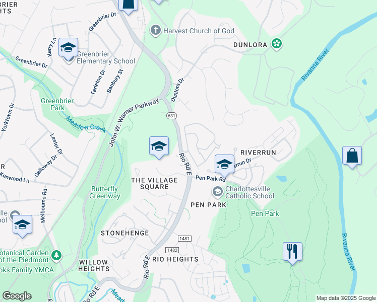 map of restaurants, bars, coffee shops, grocery stores, and more near Sawgrass Court in Charlottesville