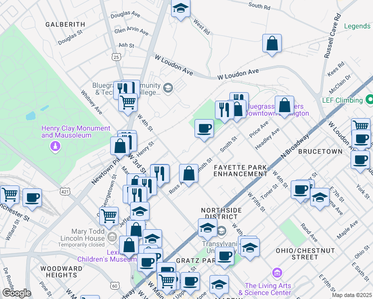 map of restaurants, bars, coffee shops, grocery stores, and more near 519 West 4th Street in Lexington