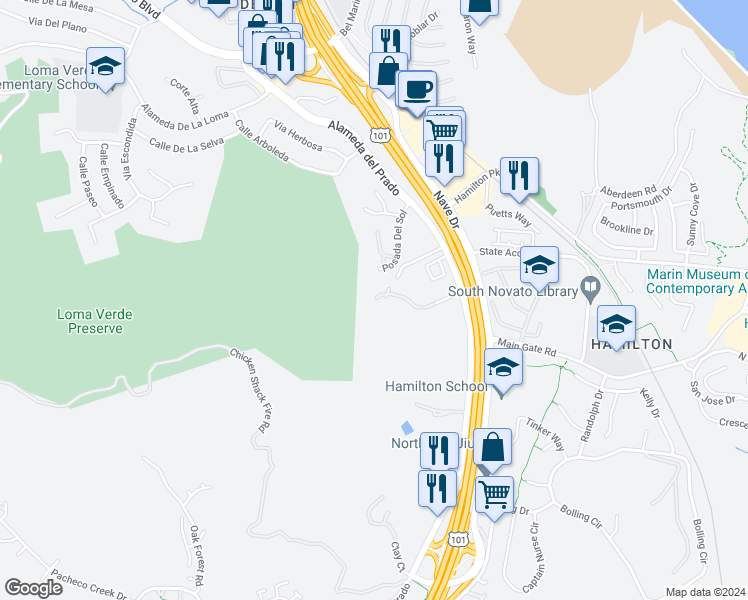 map of restaurants, bars, coffee shops, grocery stores, and more near 130 Cielo Lane in Novato