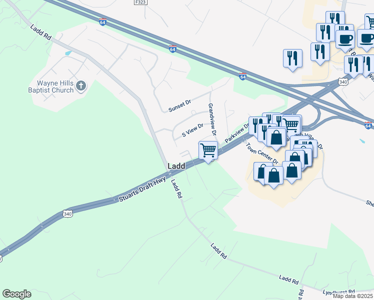 map of restaurants, bars, coffee shops, grocery stores, and more near 74 South View Drive in Waynesboro