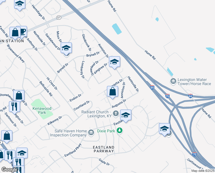 map of restaurants, bars, coffee shops, grocery stores, and more near 677 Rosewood Drive in Lexington