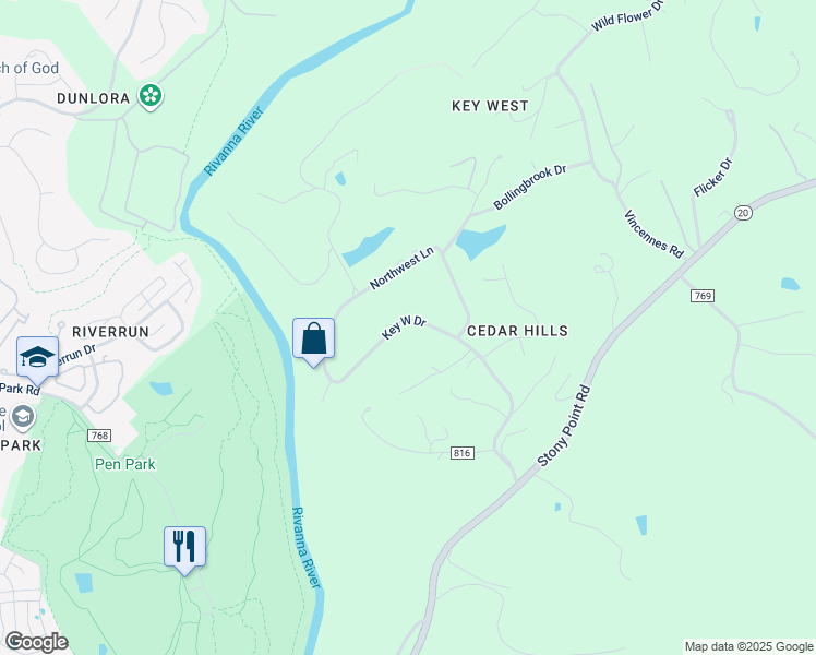 map of restaurants, bars, coffee shops, grocery stores, and more near 326 Key West Drive in Charlottesville