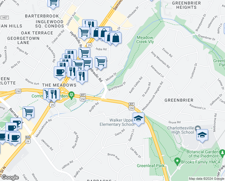 map of restaurants, bars, coffee shops, grocery stores, and more near 100 Brandywine Court in Charlottesville