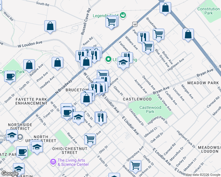 map of restaurants, bars, coffee shops, grocery stores, and more near 848 North Limestone in Lexington