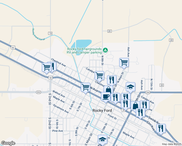 map of restaurants, bars, coffee shops, grocery stores, and more near 601 Catalpa Avenue in Rocky Ford