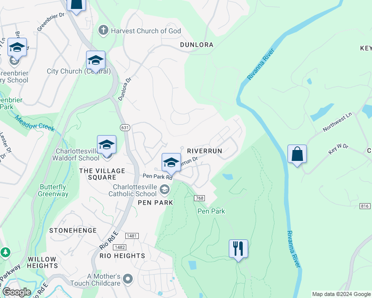 map of restaurants, bars, coffee shops, grocery stores, and more near 1282 Chatham Ridge in Charlottesville