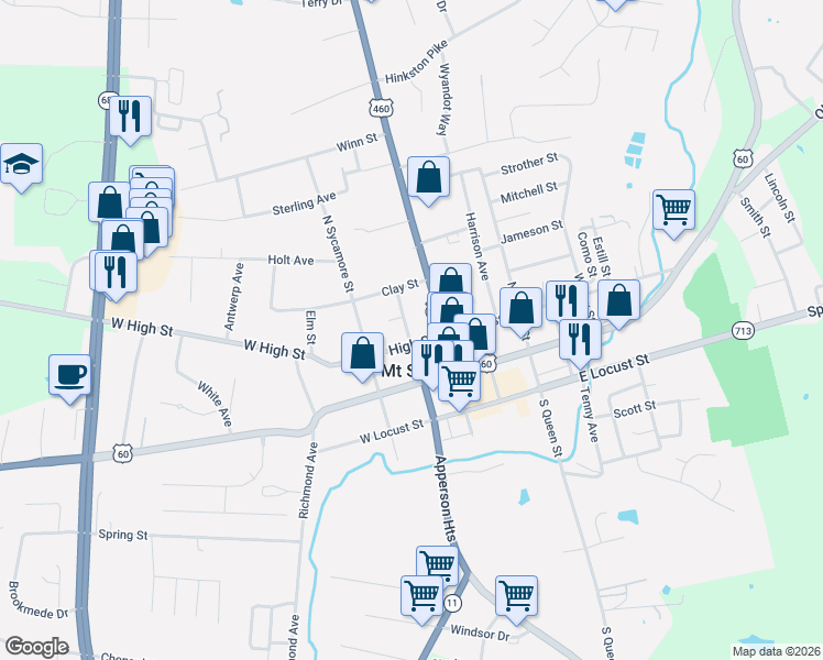 map of restaurants, bars, coffee shops, grocery stores, and more near 111 Howard Avenue in Mount Sterling