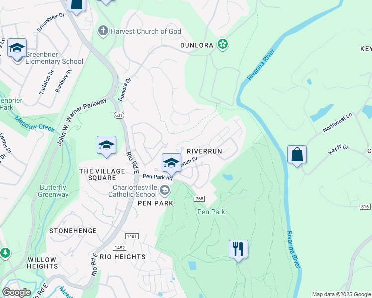 map of restaurants, bars, coffee shops, grocery stores, and more near 1282 Chatham Ridge in Charlottesville