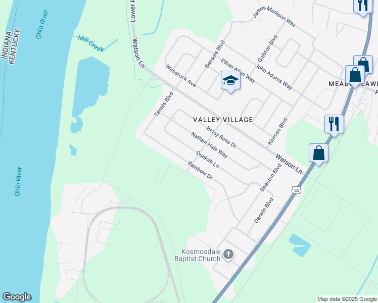 map of restaurants, bars, coffee shops, grocery stores, and more near 7304 Dunkirk Lane in Louisville