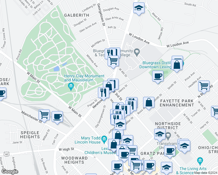 map of restaurants, bars, coffee shops, grocery stores, and more near 275 Newtown Pike in Lexington