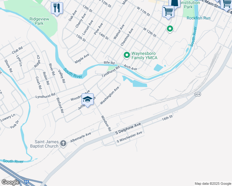map of restaurants, bars, coffee shops, grocery stores, and more near 830 Washington Ave in Waynesboro